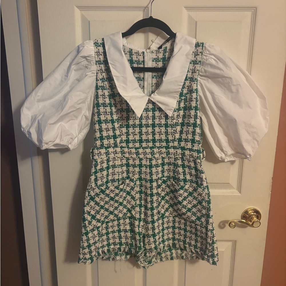 Zara Houndstooth Patterned Romper with Puff Sleeves